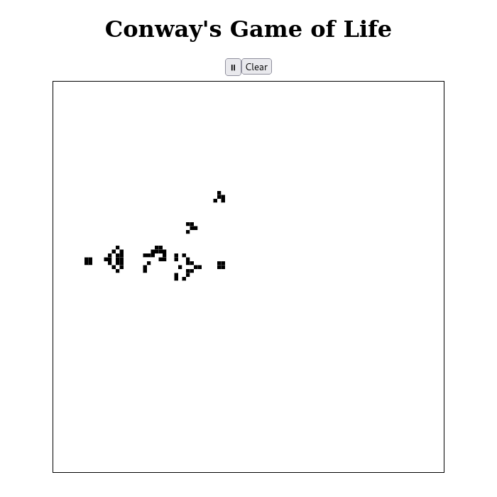 Grid showing a glider gun in Conway's Game of Life