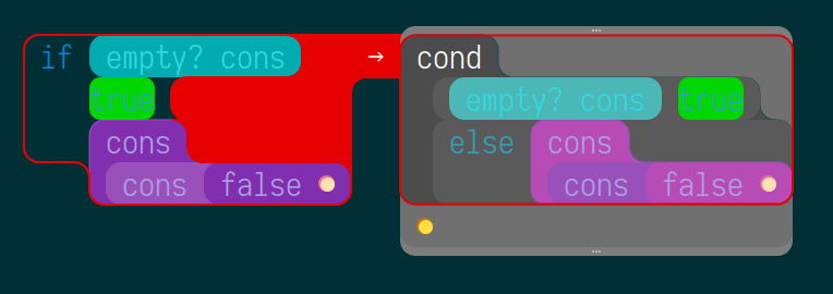 Racket code partially represented by text in colored boxes.