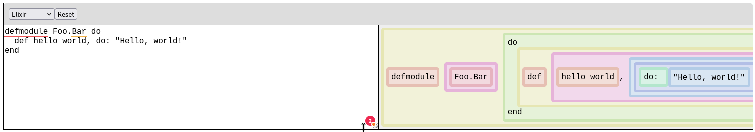 Reveal showing an Elixir module declaration, but the name of the module is rendered to the left of a large block containing the body of the module.